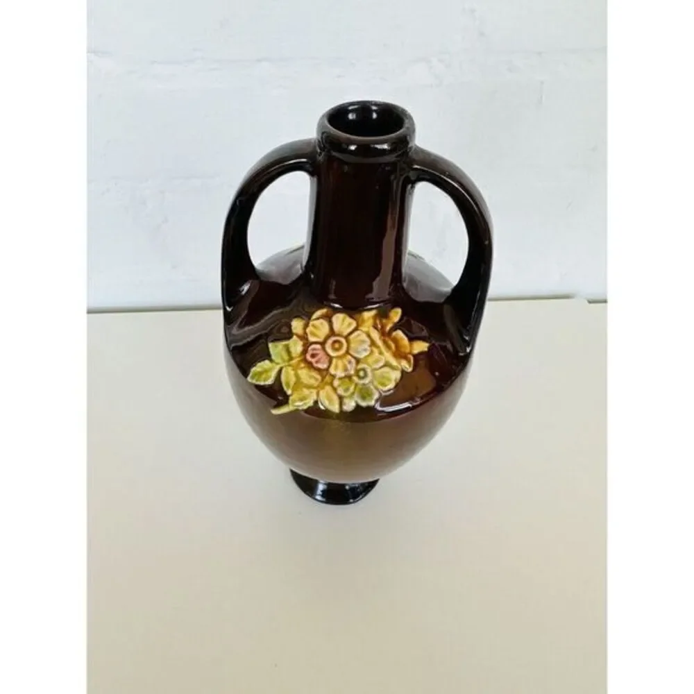 Antique Double Handled Glazed Vase with Floral Design Peters And Reed See Photos